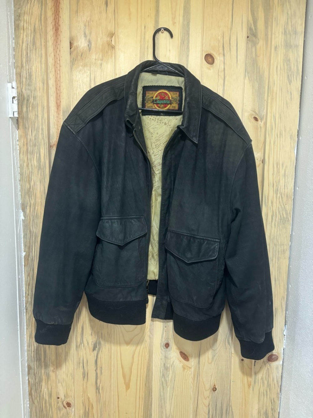 American Vintage Black Leather Bomber Jacket with Olive Lining